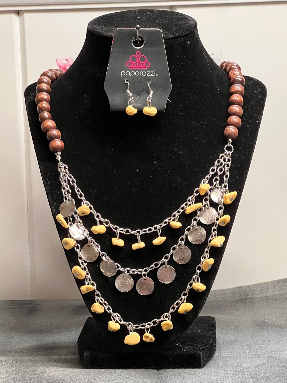 Paparazzi Yellow Bead & Silver Coin Layered Necklace with Earrings